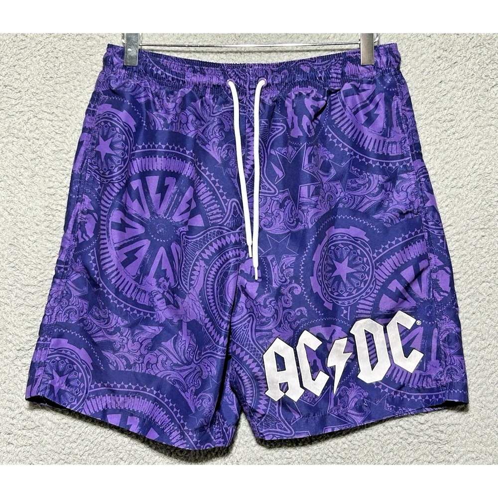 AC/DC Mens Swim Shorts Sz Medium‎ Trunks Dark Purple Drawstring